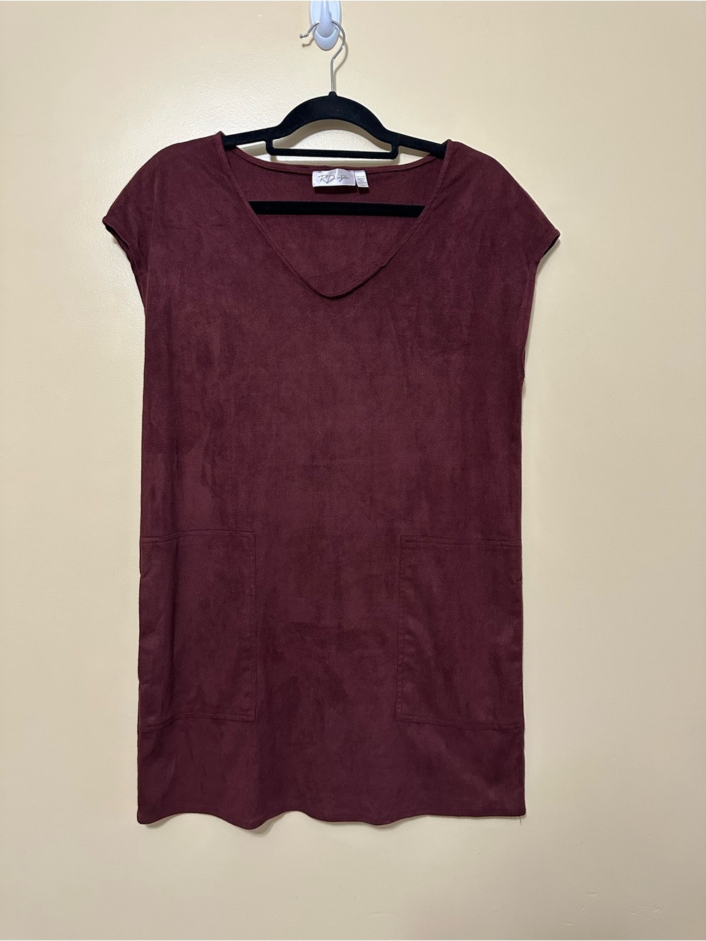 RD Style Faux Suede Shift Dress V-neck Sleeveless Patch Pockets Women L Burgundy